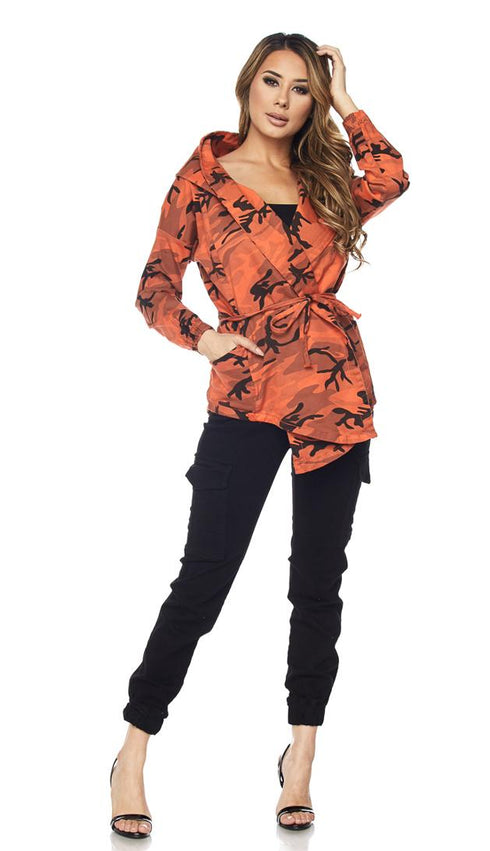 Orange Camouflage Draped Hooded Jacket - SohoGirl.com
